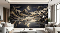 Scenic moonlit wall mural with layered peaks and lake