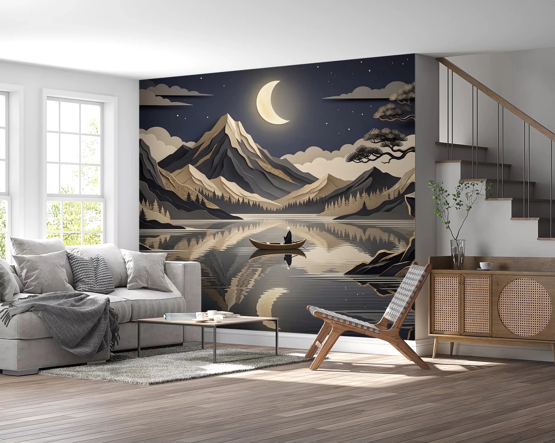Night mountain serenity wall mural with crescent moon and calm water