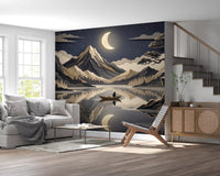 Night mountain serenity wall mural with crescent moon and calm water
