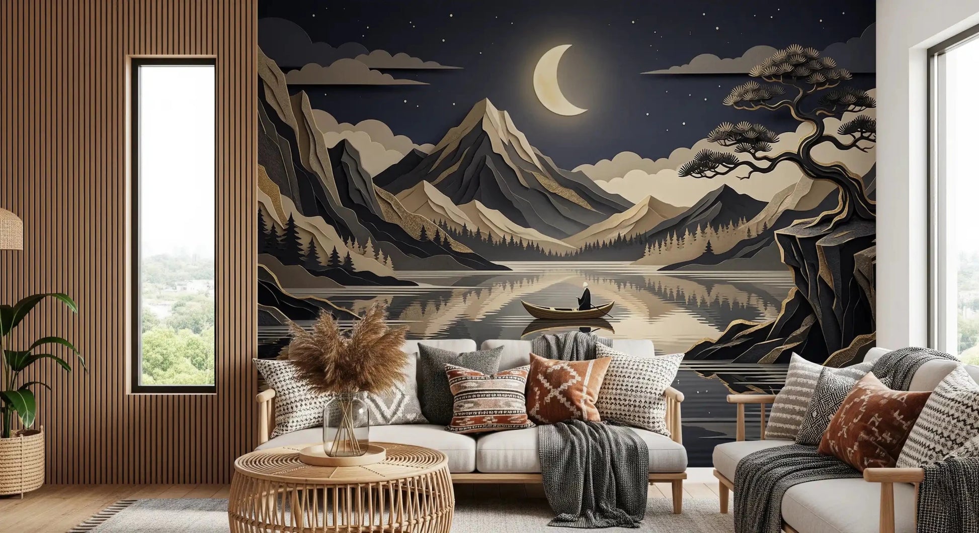 Living room moonlit mountain wall mural with lake reflection