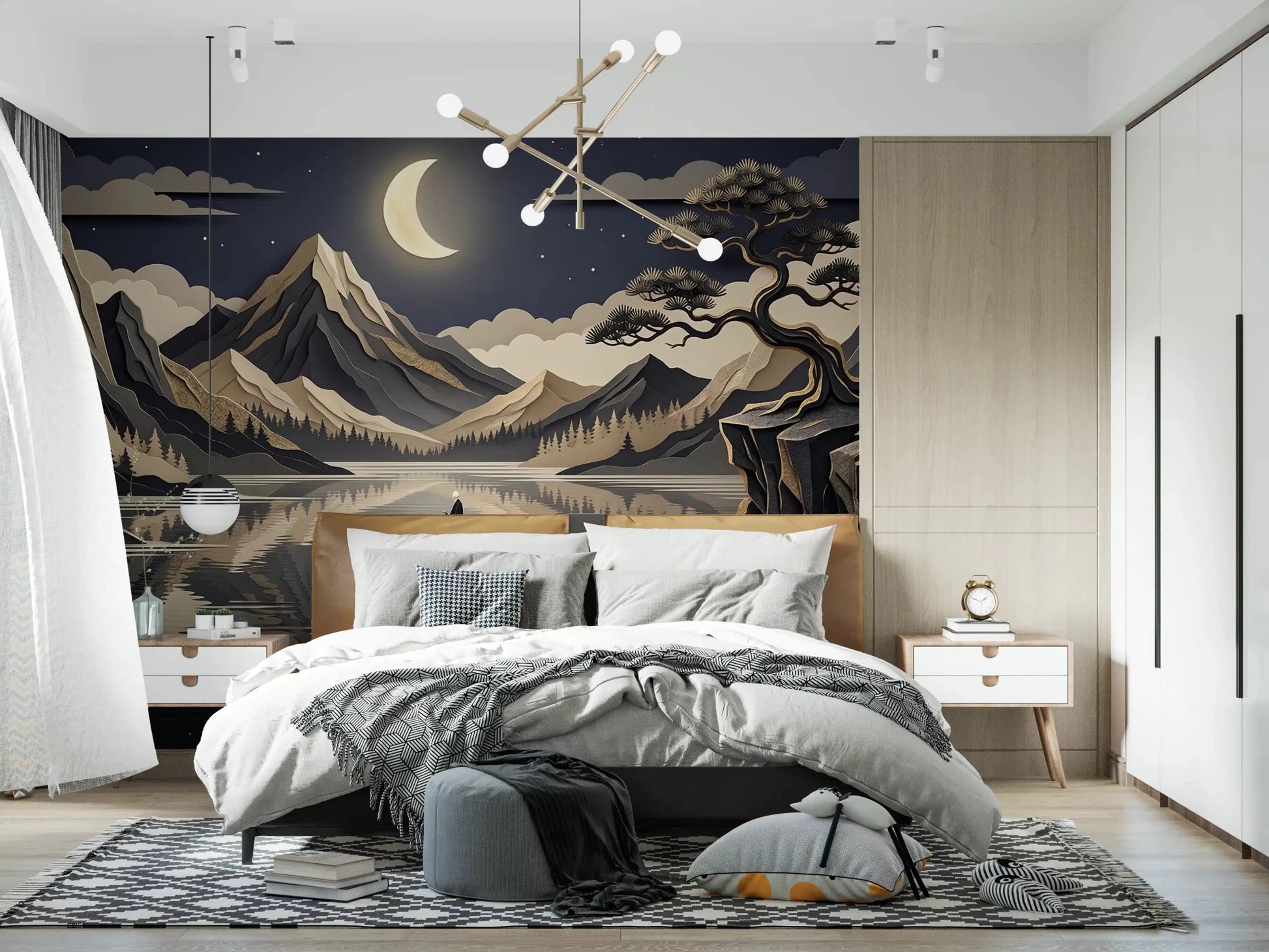 Bedroom night mountain wall mural with crescent moon view