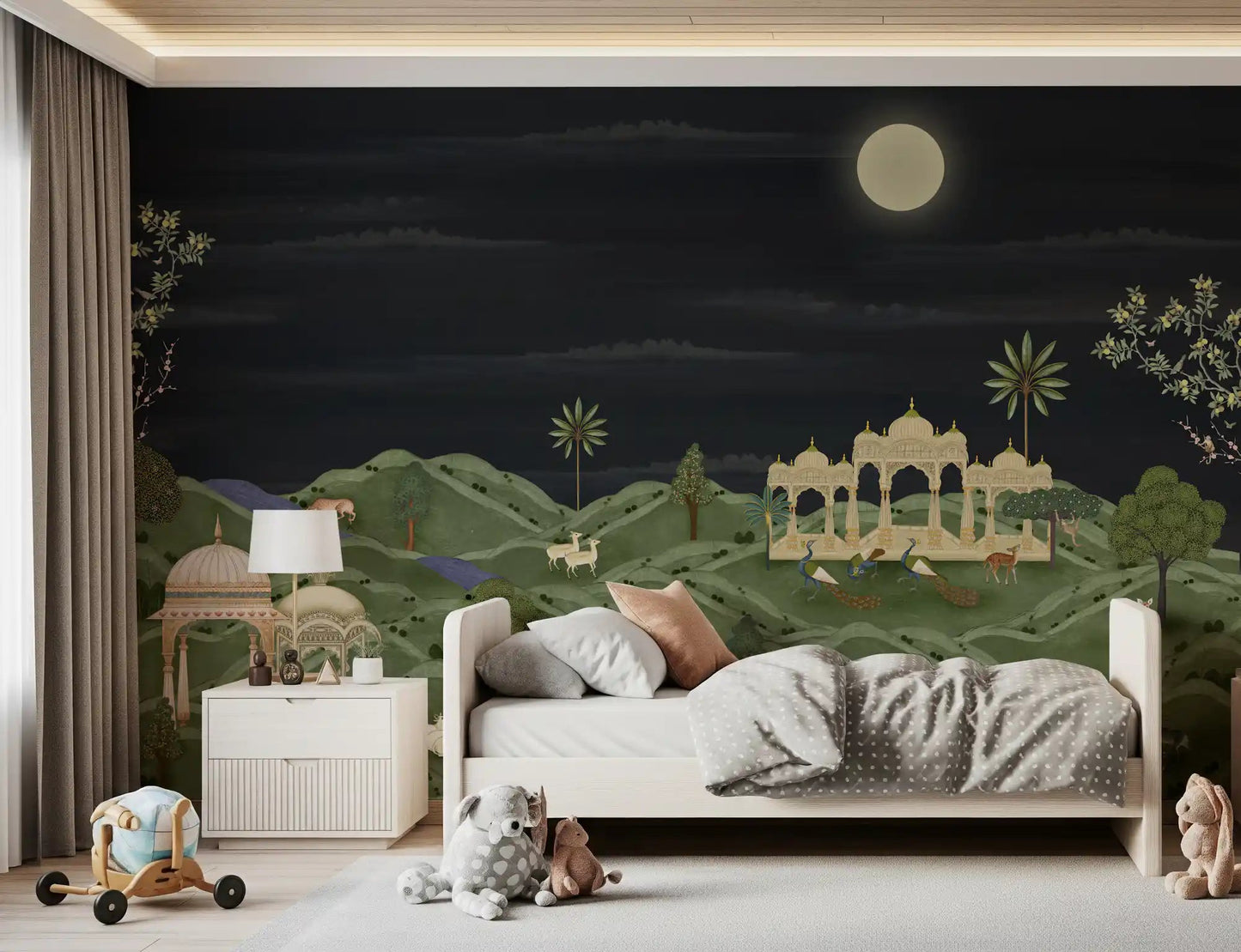 Moonlit Palace Garden wall mural in bedroom with night hills