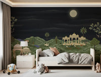 Moonlit Palace Garden wall mural in bedroom with night hills