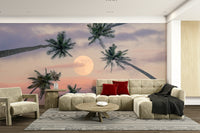 A graceful palm tree silhouette wall mural in twilight tones.


