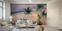 A tranquil tropical palm wall mural with a giant moon.

