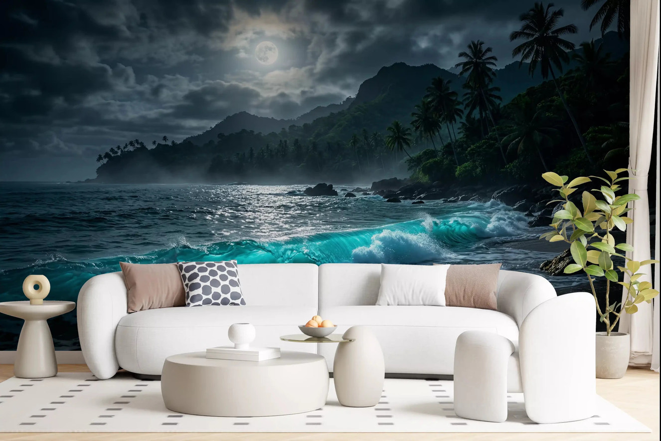 Moonlit Tropics Wall Mural in a modern apartment living room with navy blue.