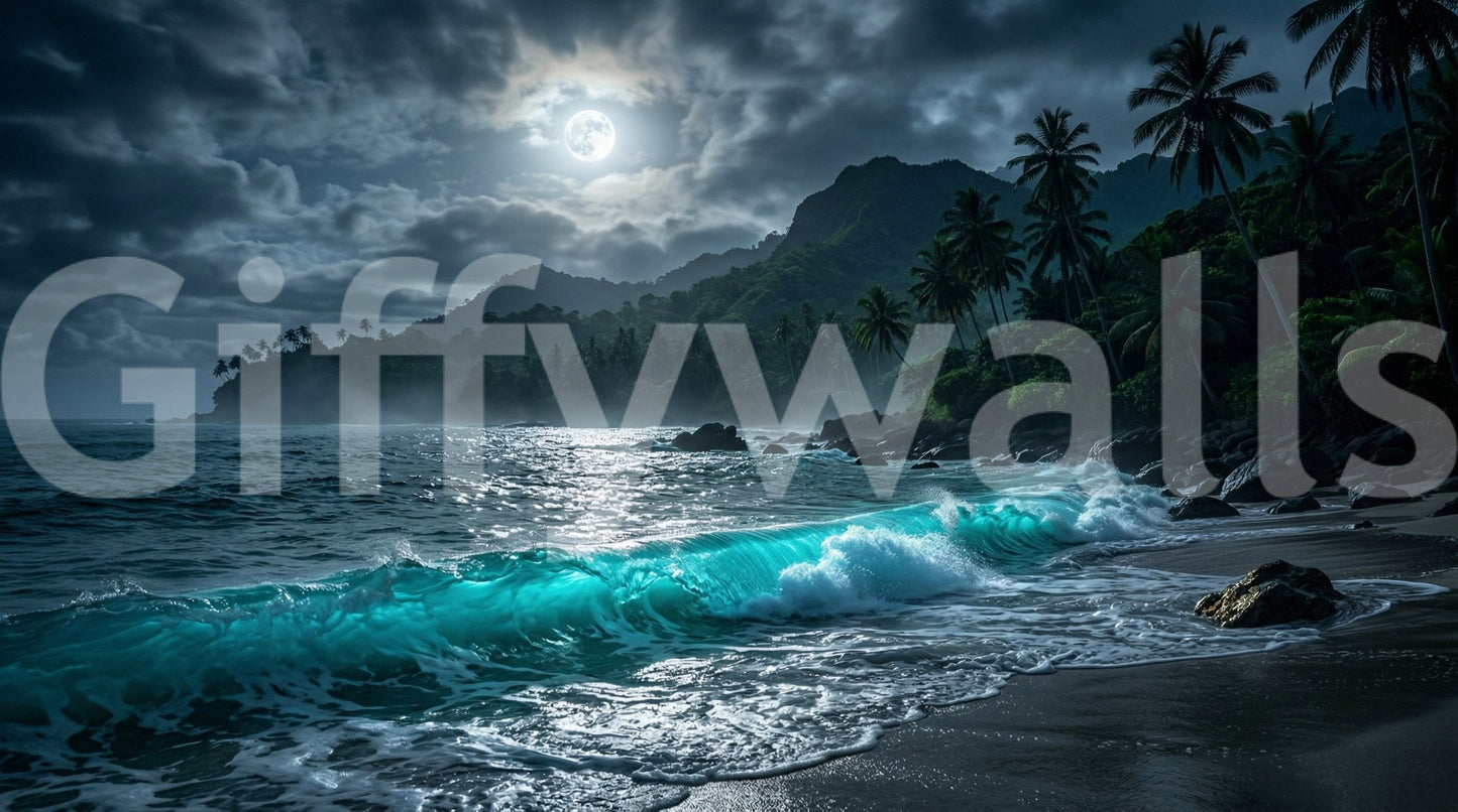 Moonlit Tropics Wall Mural style with serene dark jungle leaves.
