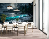Moonlit Tropics Wall Mural in a modern Dining room with deep green palm leaves.