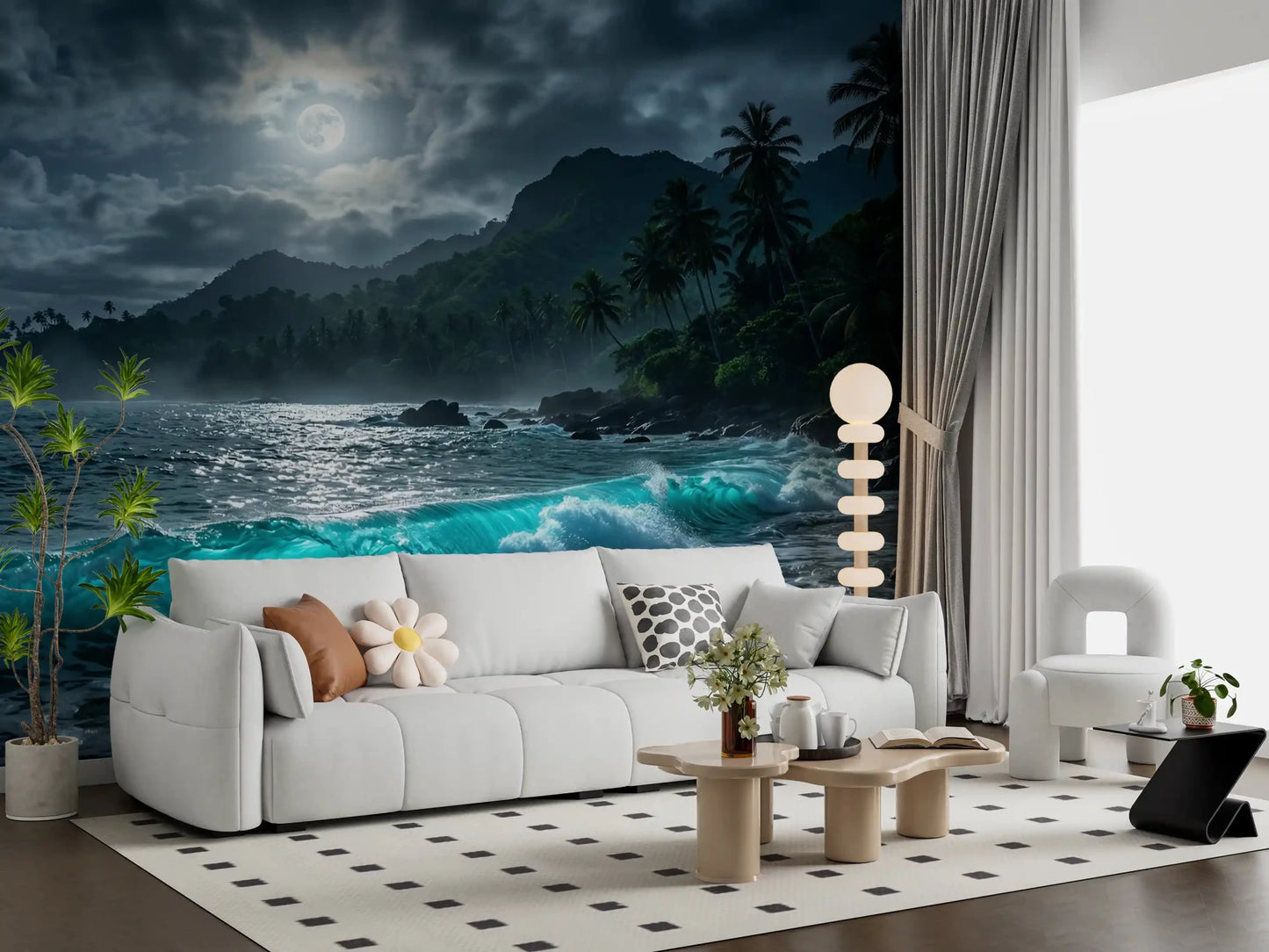 Tropical evening wallpaper design with soft lighting for a Living room wall. 