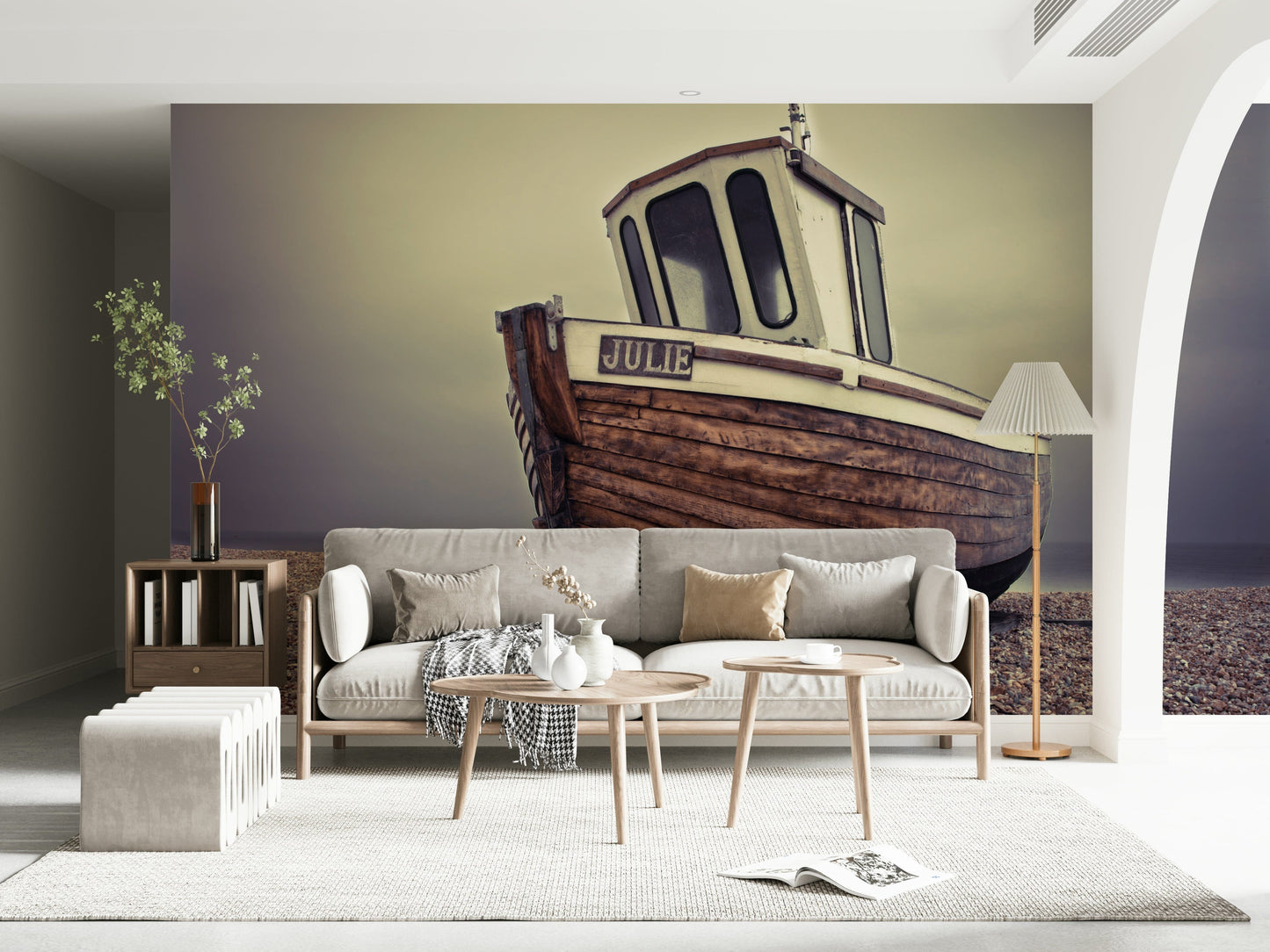 Home office wall mural with tranquil docked boats, modern minimalist home décor in soft colours