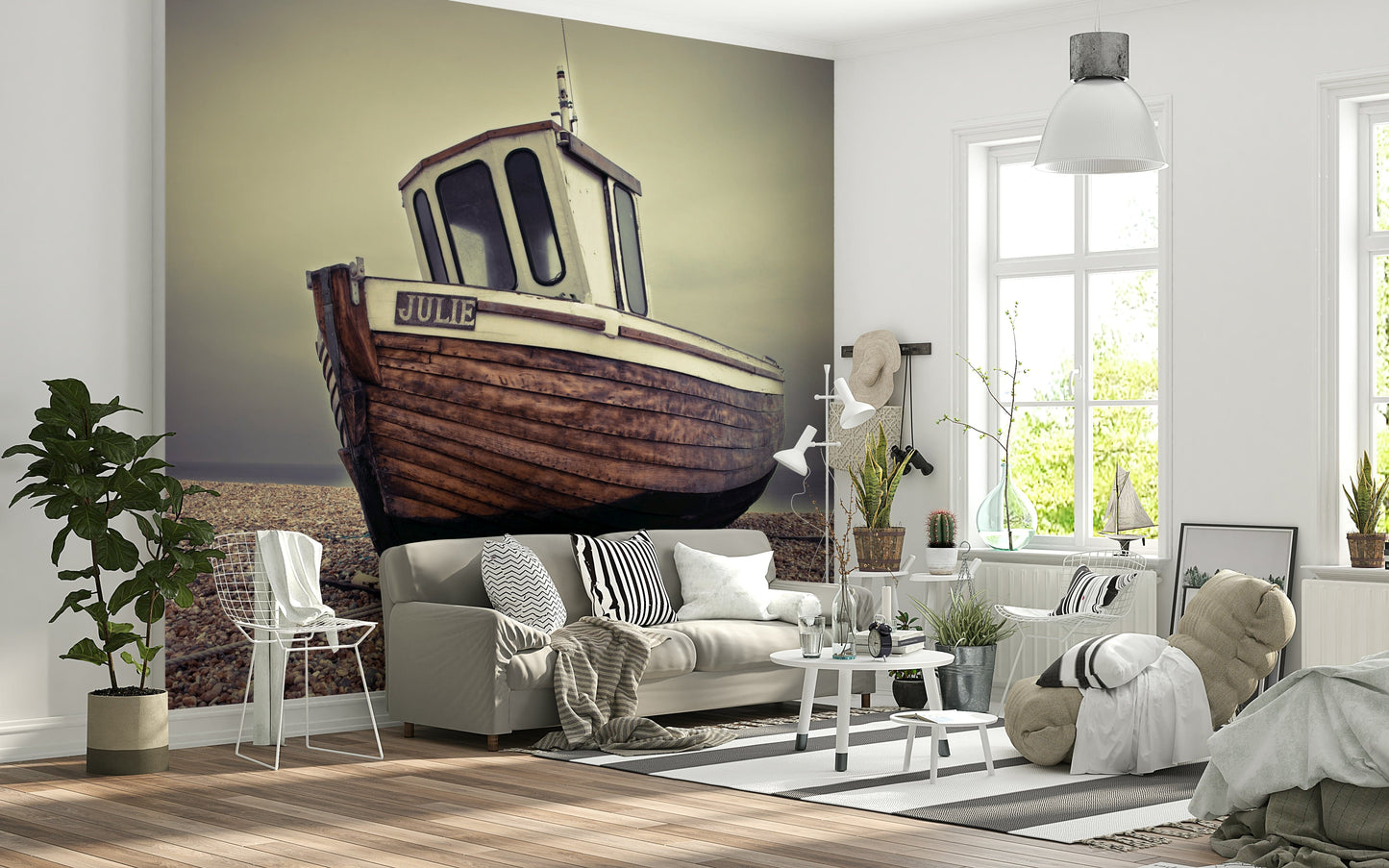 Lounge feature wall with coastal boats mural, modern home décor in soft neutral colours