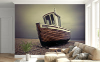Guest bedroom wall mural with docked boats, soft coastal colours for relaxed home décor