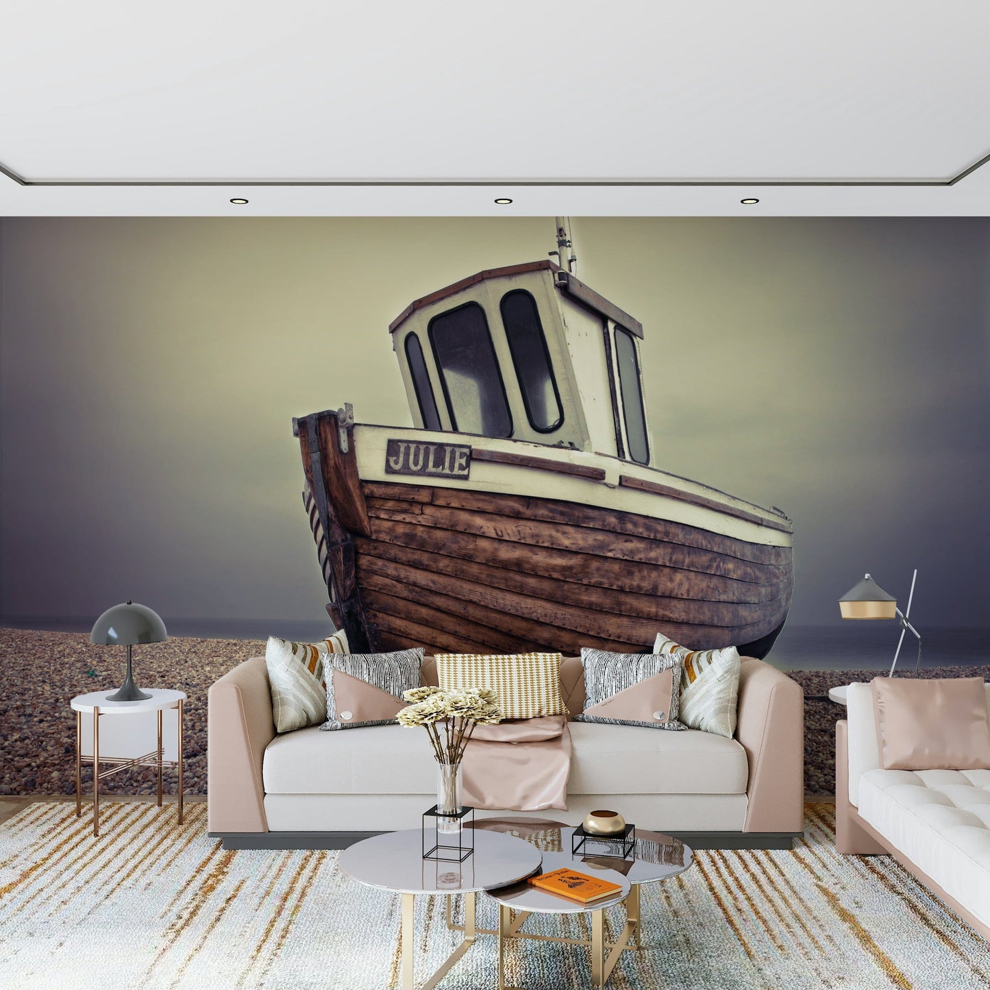 Moored Tranquility Wall Mural behind bed, serene boats on still water for bedroom décor