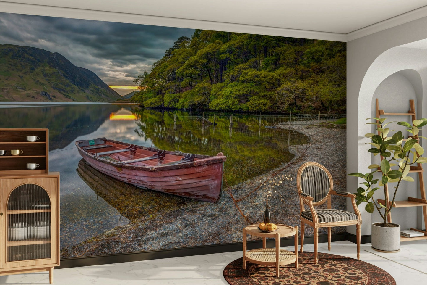 A close-up view shows the fine details of the boat and the rocky shore.


