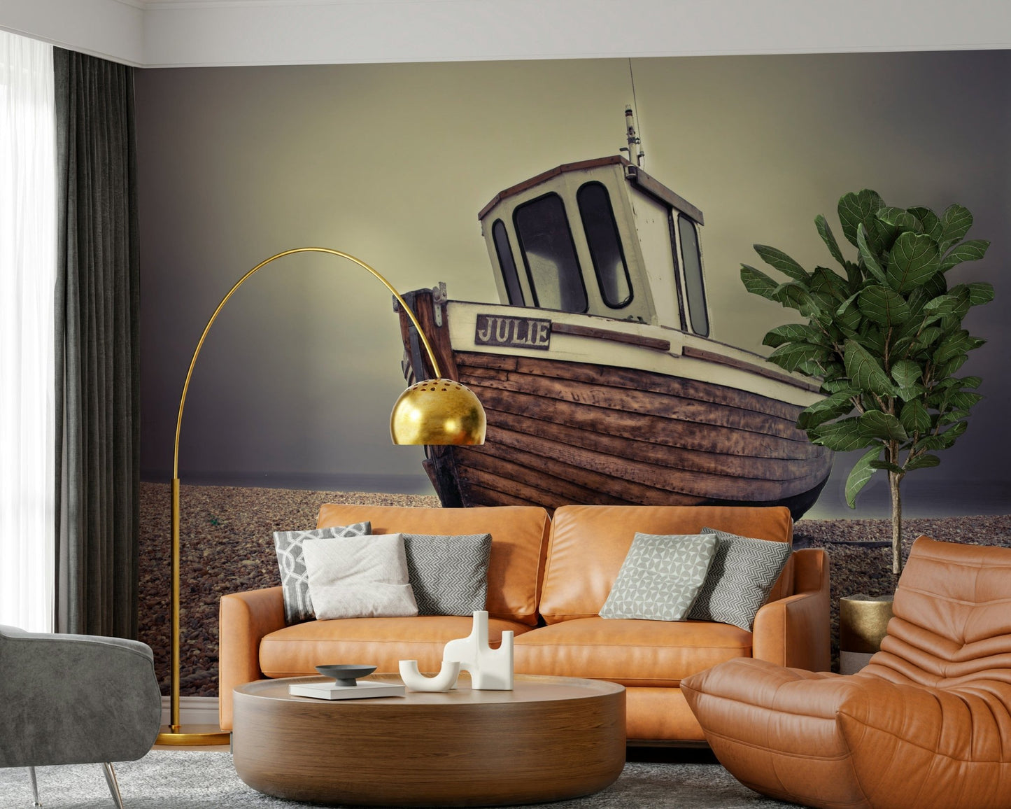 Staircase feature wall with quiet seaside marina mural, modern décor in blue-grey colours