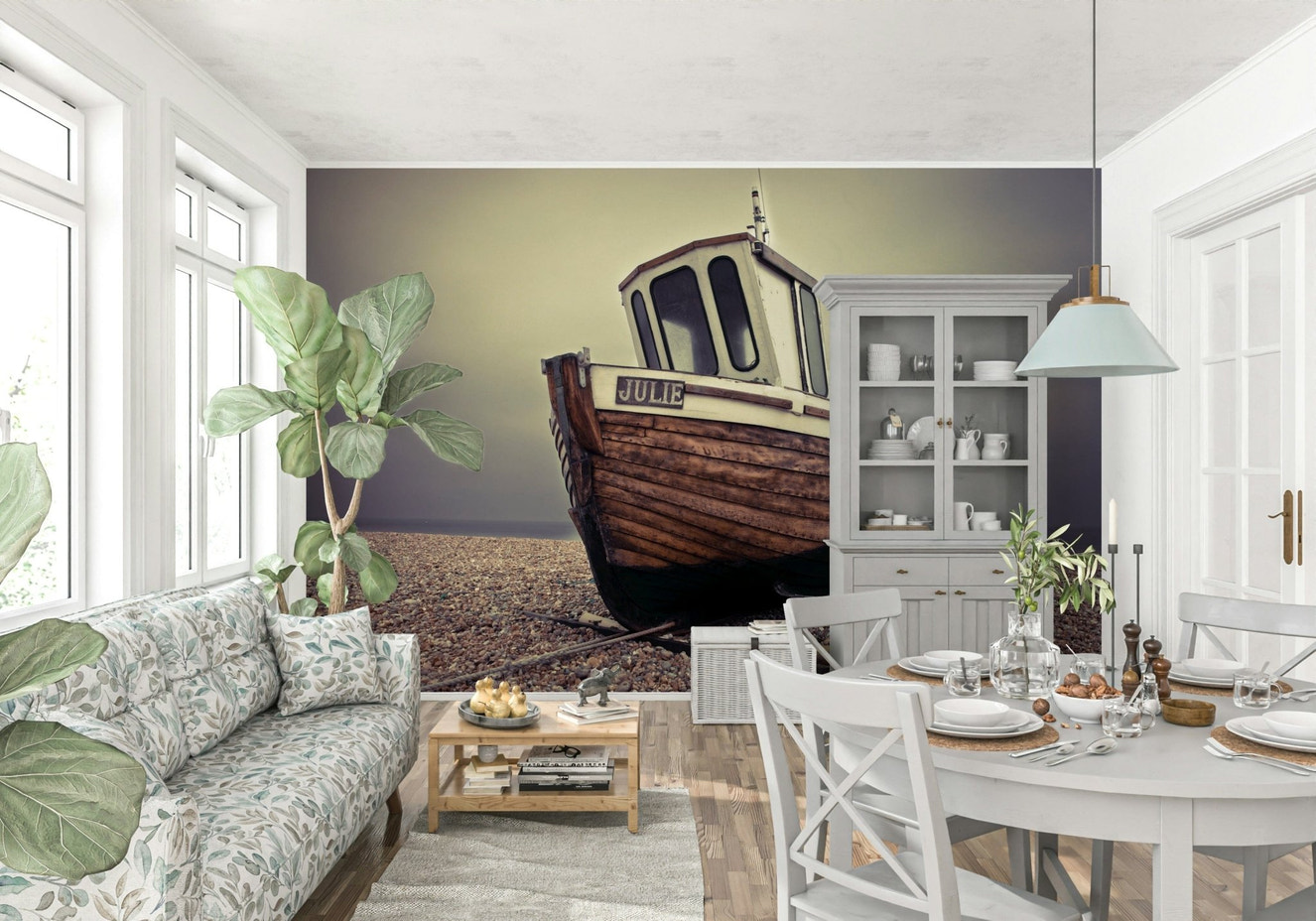 Bedroom feature wall with moored boats mural, muted blue and sand colour palette