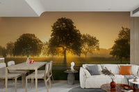Soft morning light illuminating a serene landscape mural

