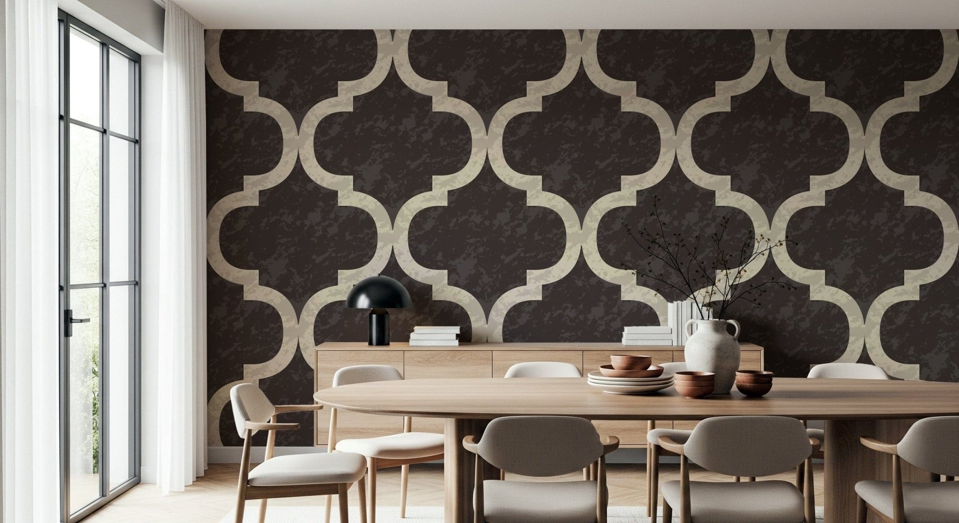Rustic Moorish architectural mural wallpaper bold espresso cream curves.