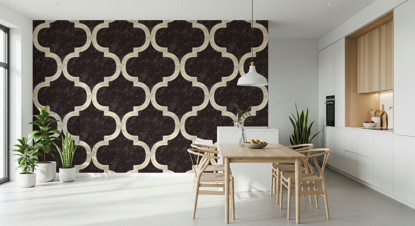Moroccan Ogee Black Cocoa mural wallpaper dark geometric pattern.