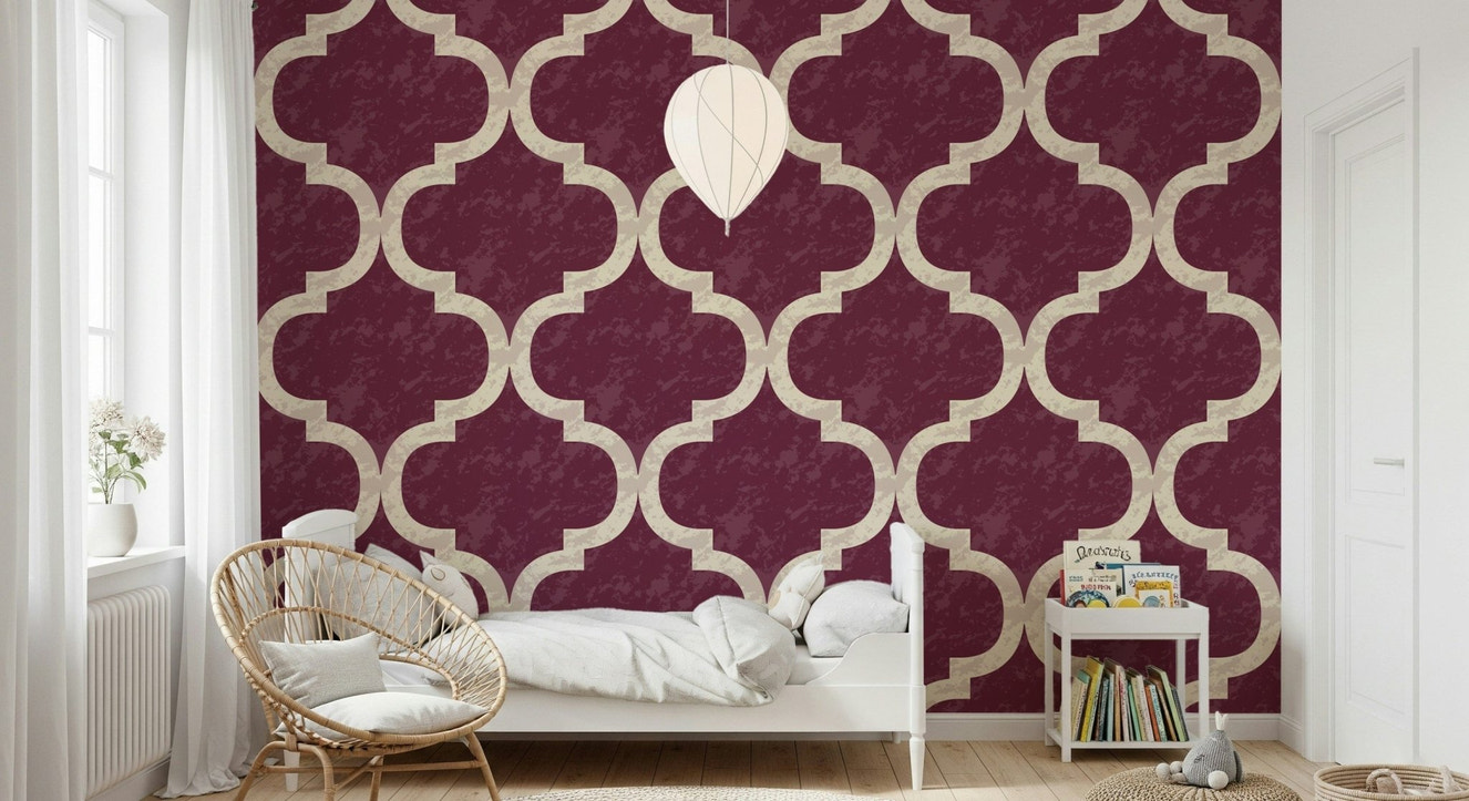 Moroccan ogee wallpaper in cabernet red with cream trellis