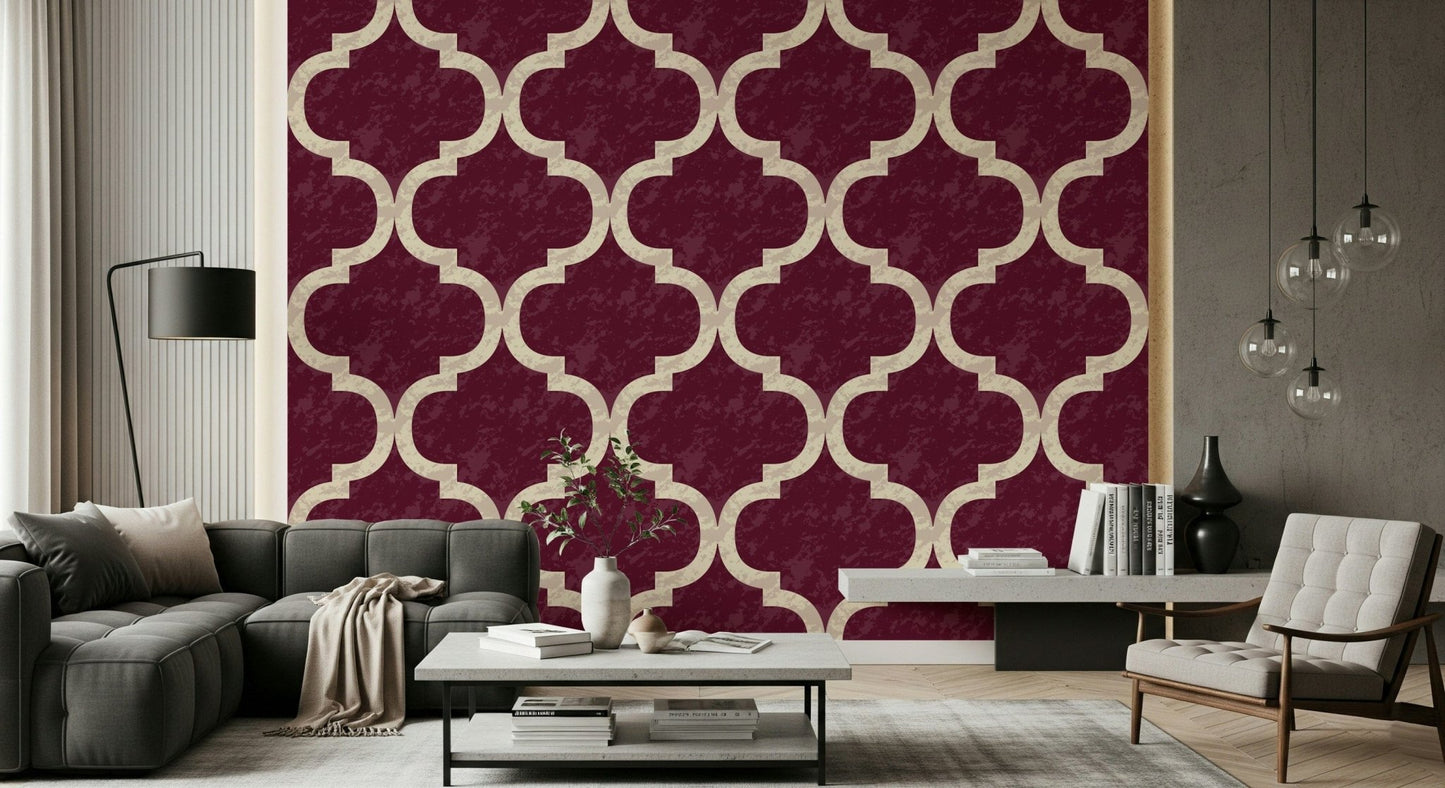 Deep burgundy Moroccan trellis wallpaper with ogee pattern