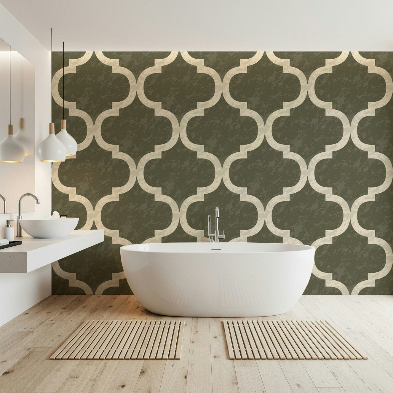 Moroccan ogee wallpaper in dark olive with ivory trellis