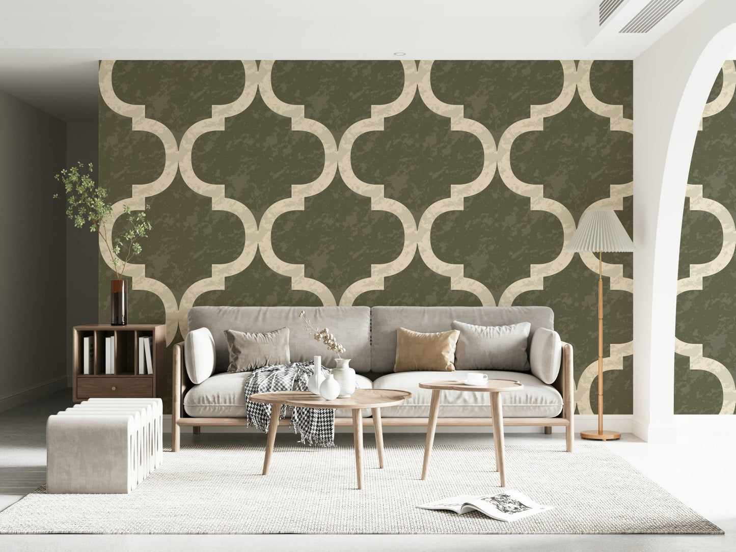 Textured-look olive trellis wallpaper for cozy interiors