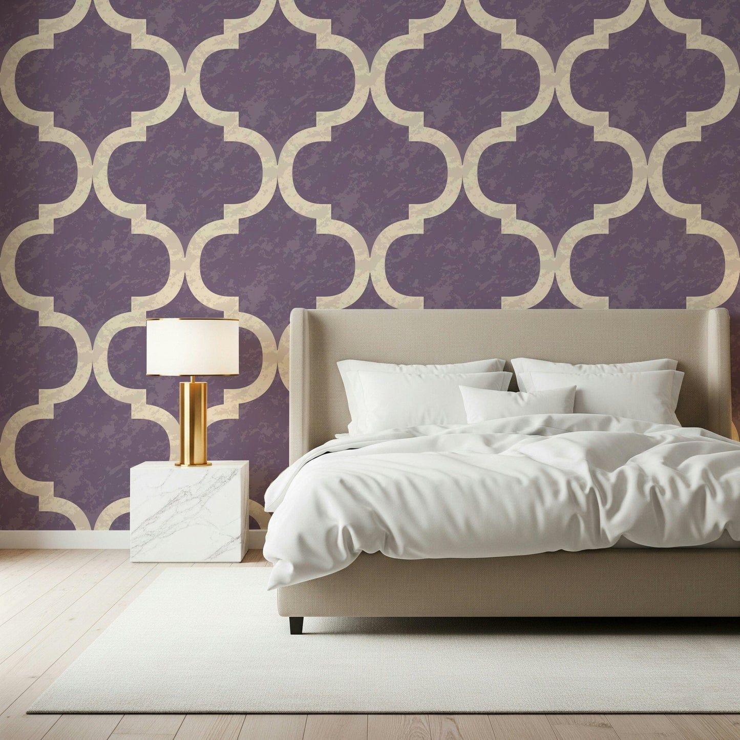 Elegant Moroccan trellis wallpaper in muted lavender tones