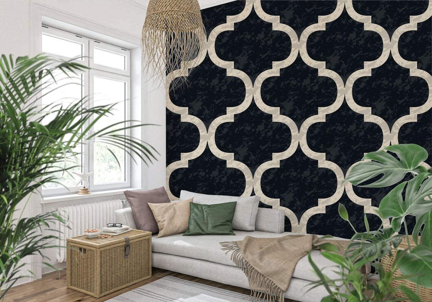 Ivory ogee pattern on textured black background wallpaper