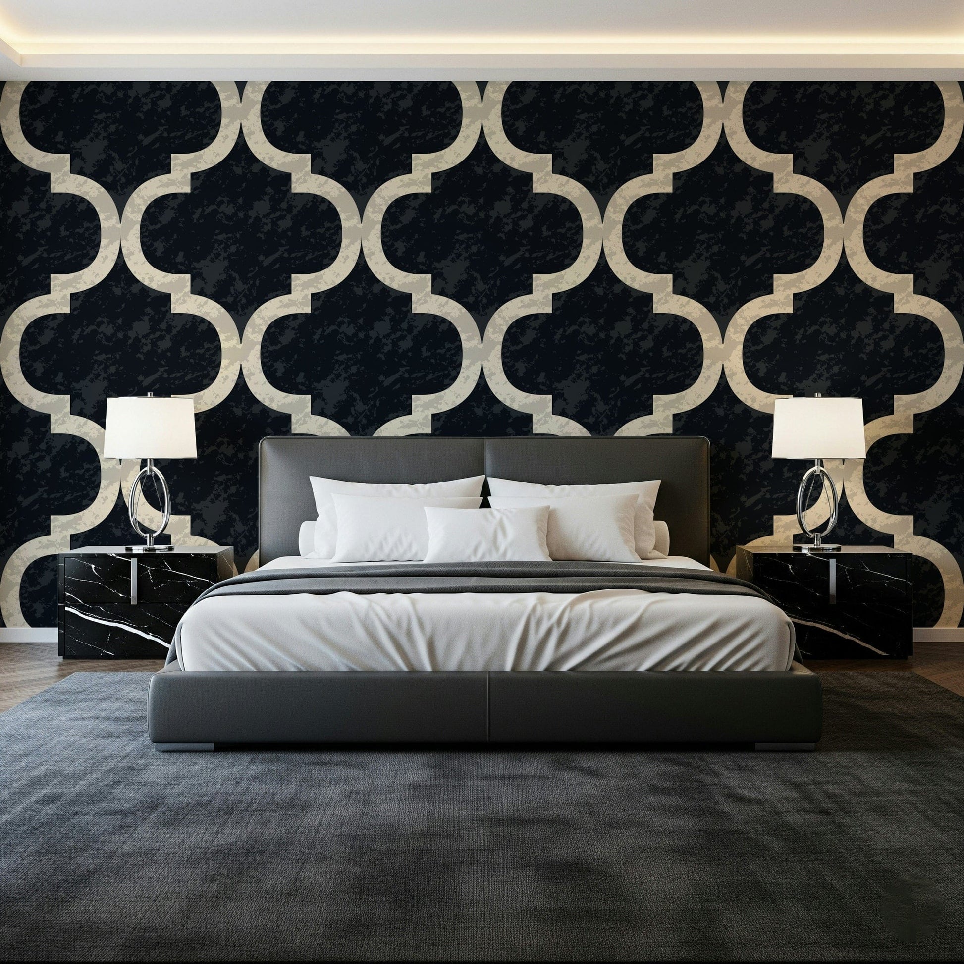 Arabesque ogee geometric wallpaper in ink black and ivory