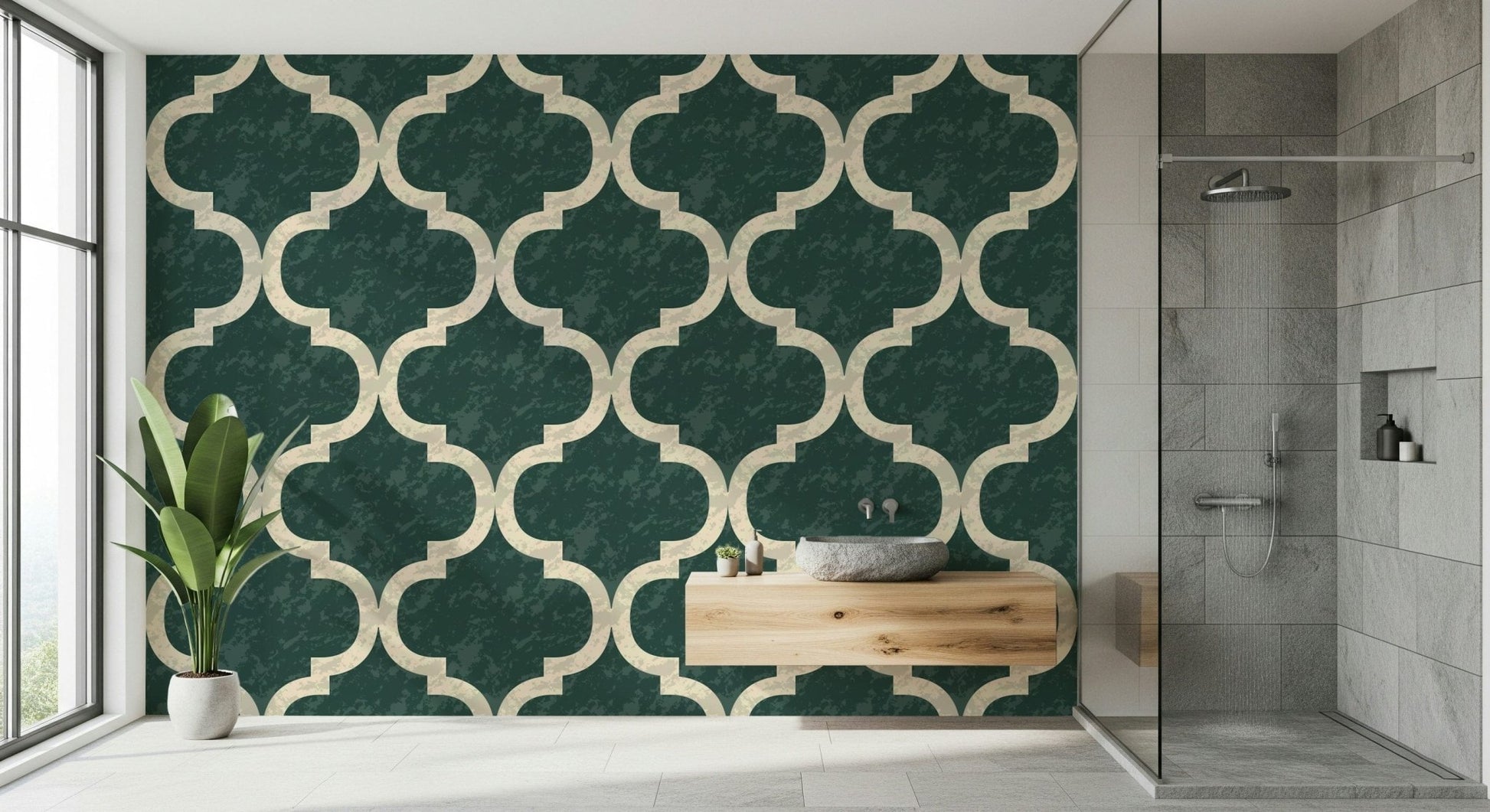 Vintage-style ivy green Moroccan ogee wallpaper design