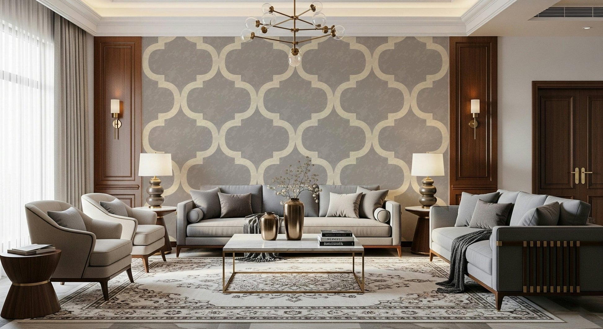 Ivory ogee pattern on textured stone grey background wallpaper