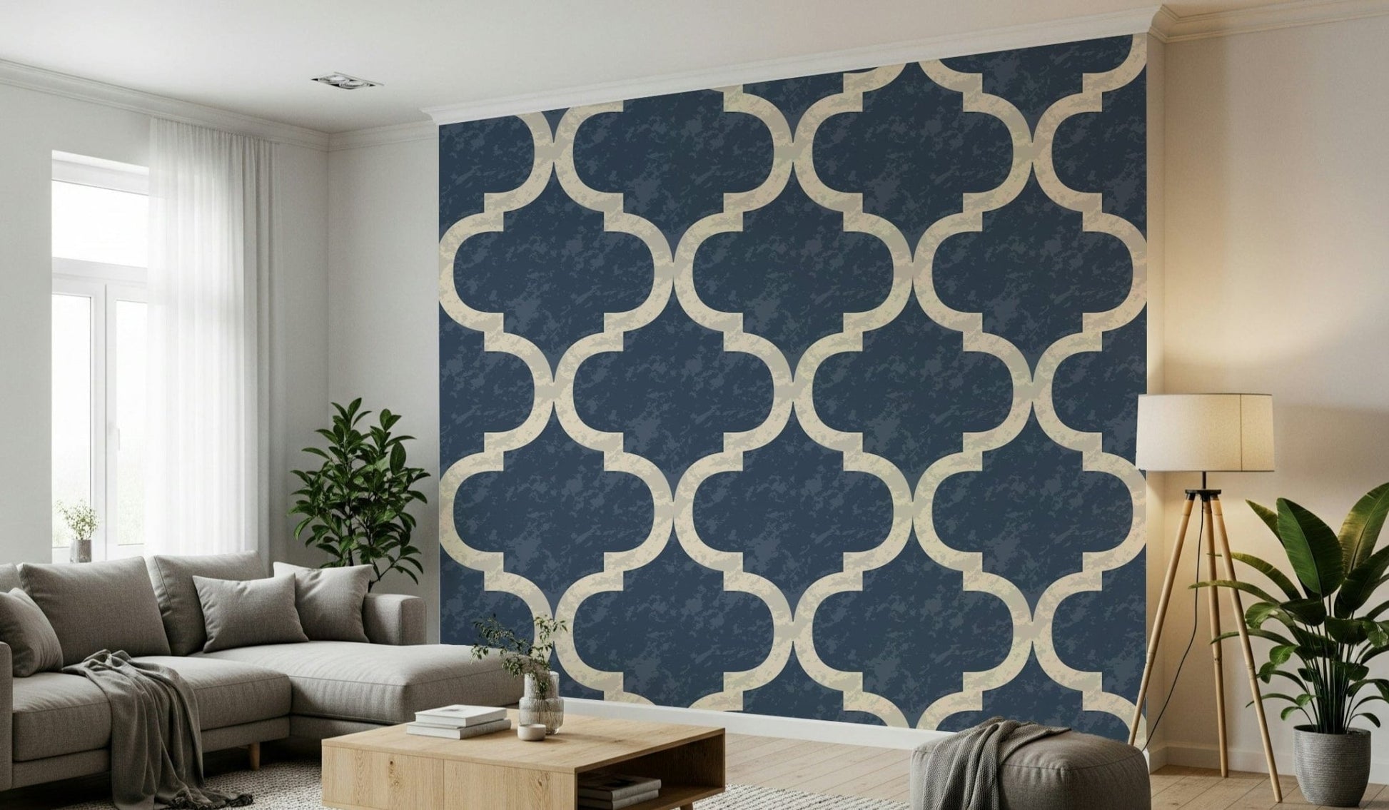 Moroccan Ogee Twilight Blue wallpaper for walls distressed finish.
