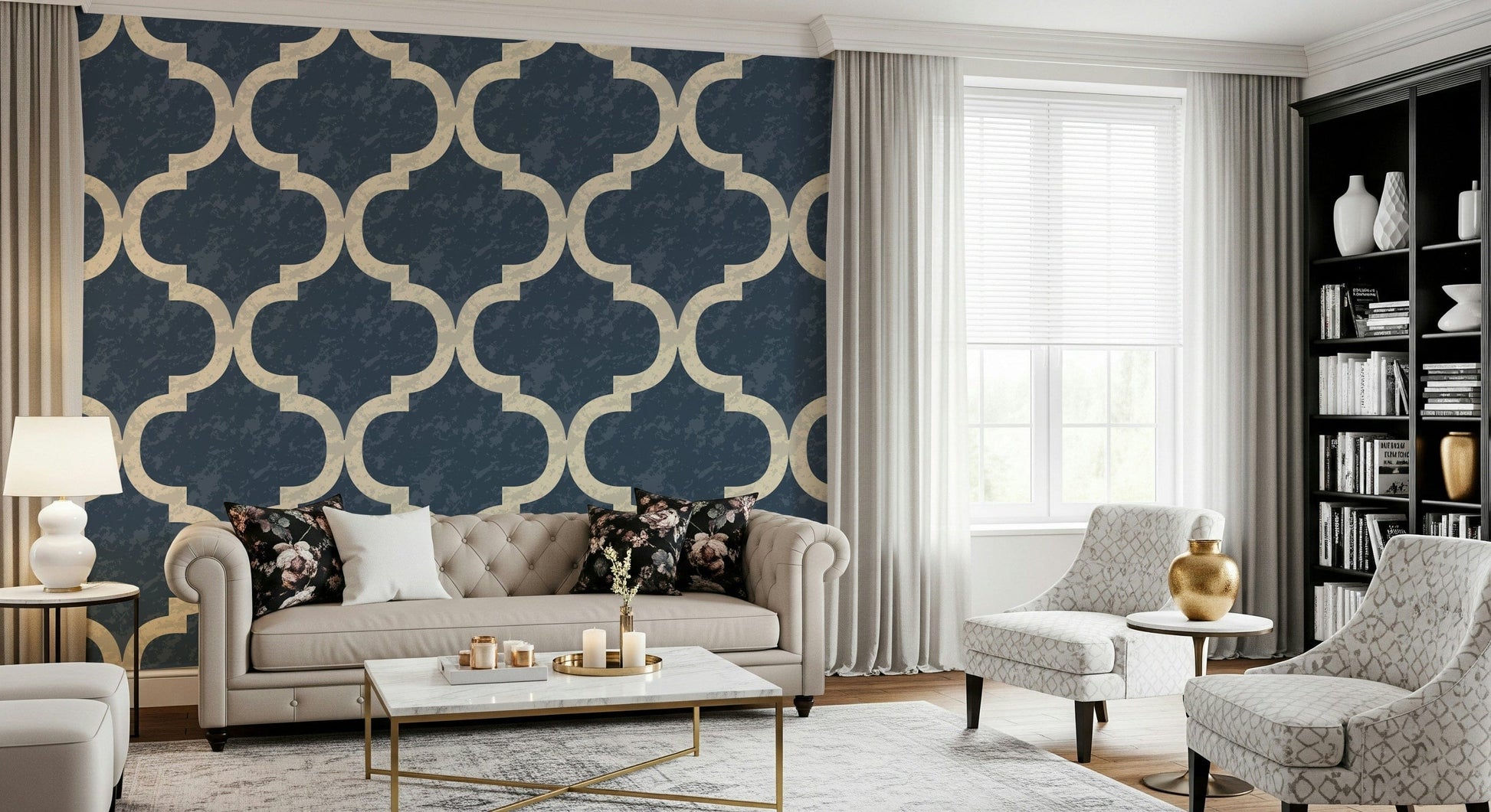 Arabic Moroccan Ogee Twilight Blue wallpaper mural modern home.