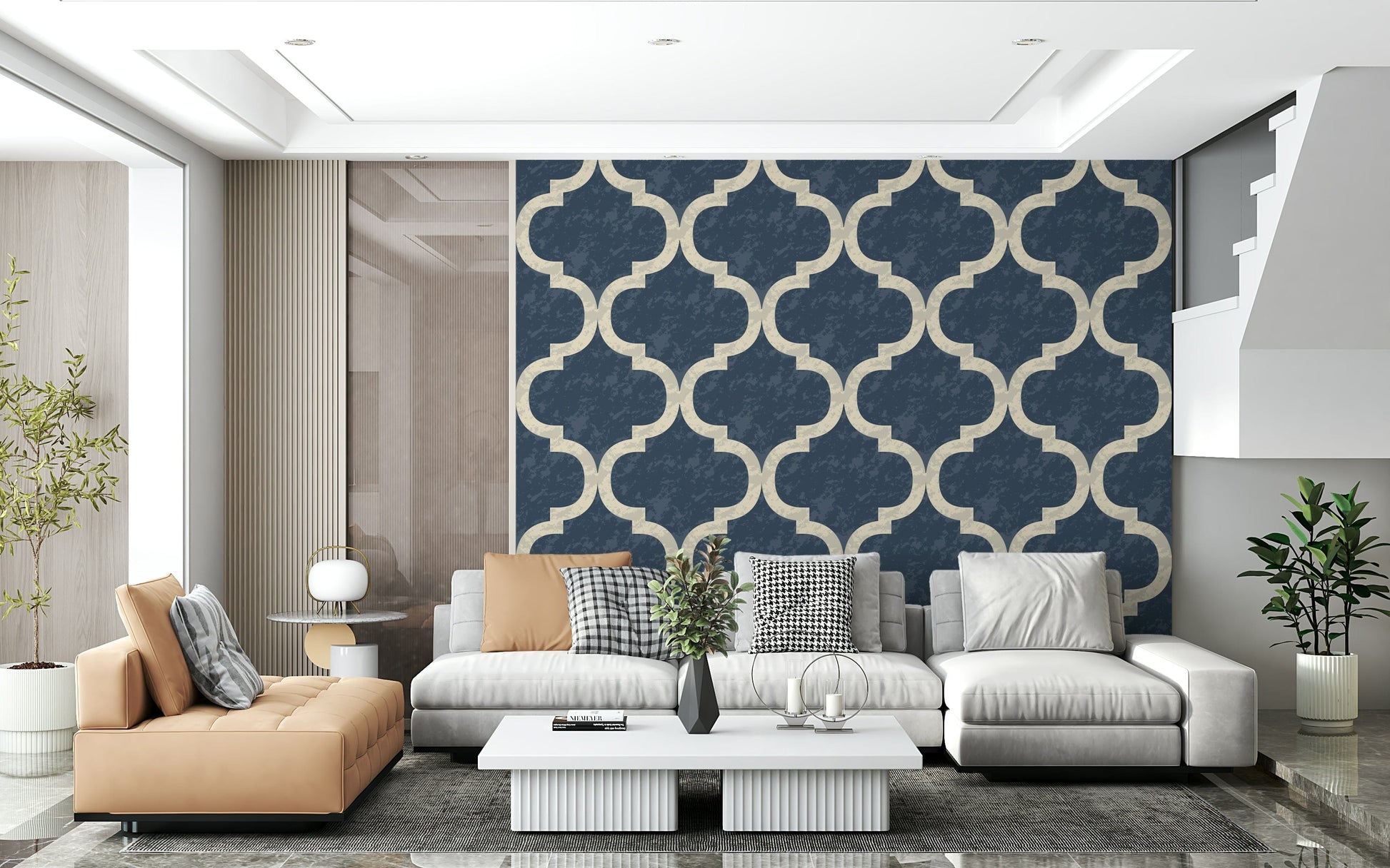 Moroccan Ogee Twilight Blue peel and stick wallpaper trendy.