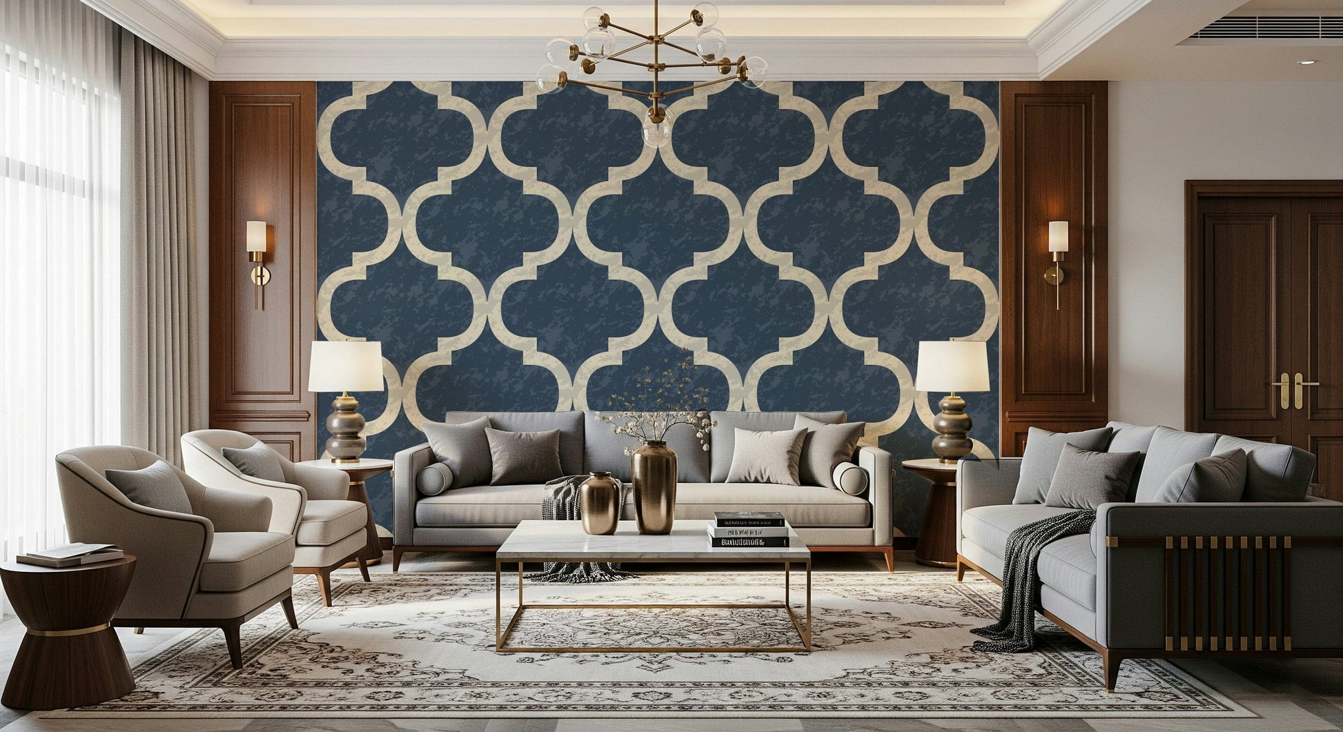 Moroccan Ogee Twilight Blue wallpaper for walls elegant pattern.