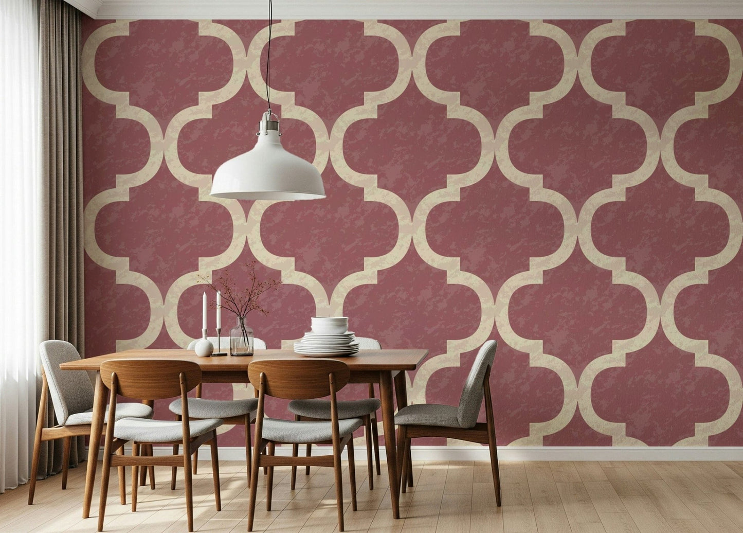 Moroccan-inspired geometric wallpaper in blush tones