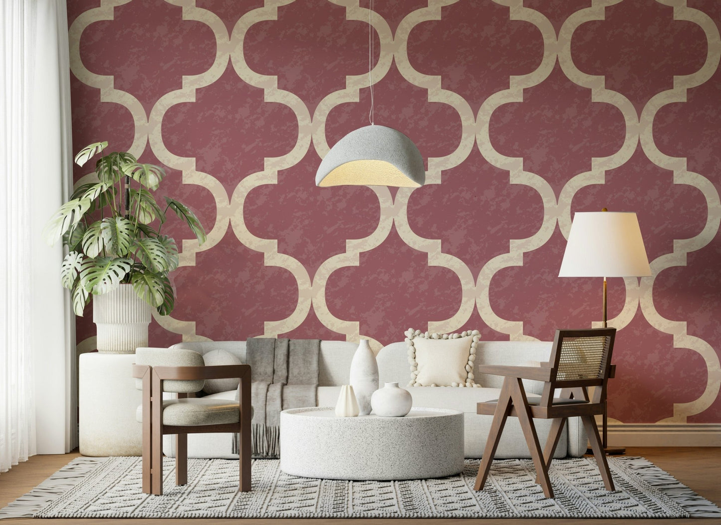 Warm pink wallpaper with Moroccan ogee motif