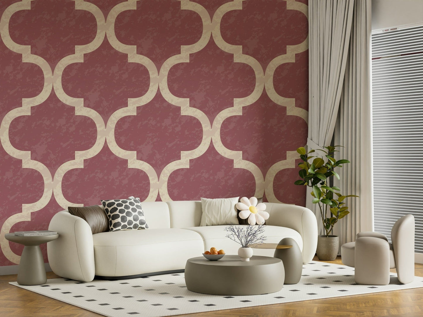 Romantic ogee wallpaper with warm rose finish