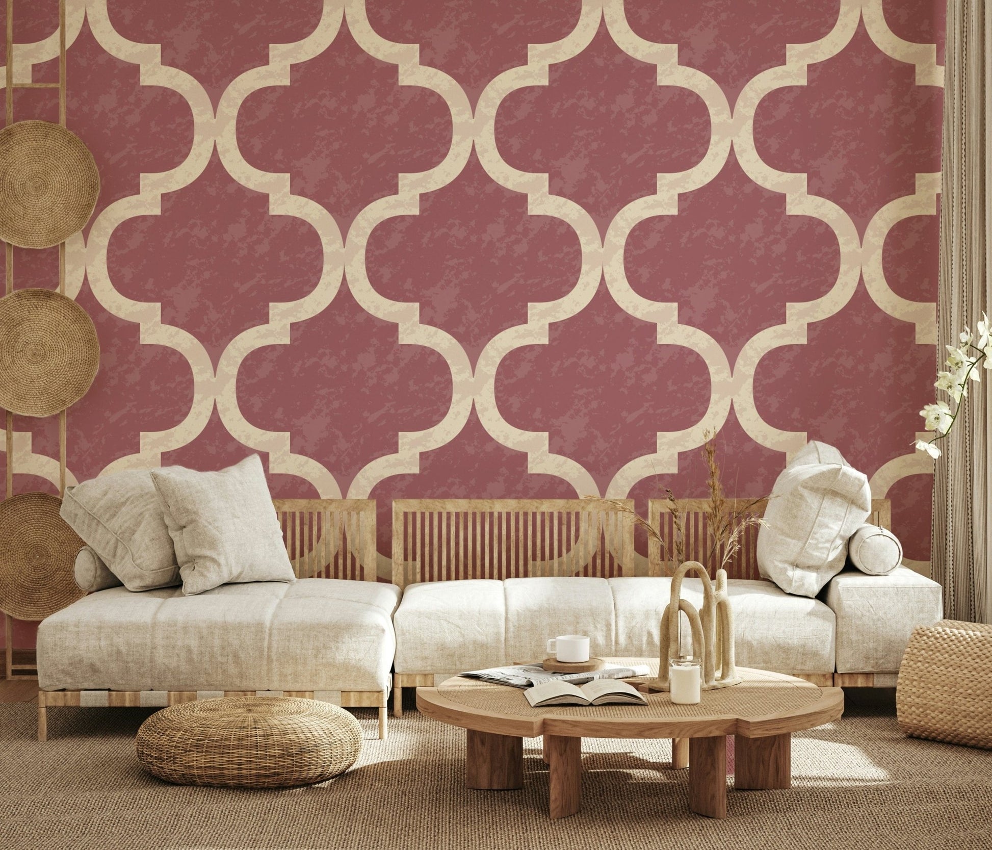 Elegant ogee wallpaper in vintage rose color