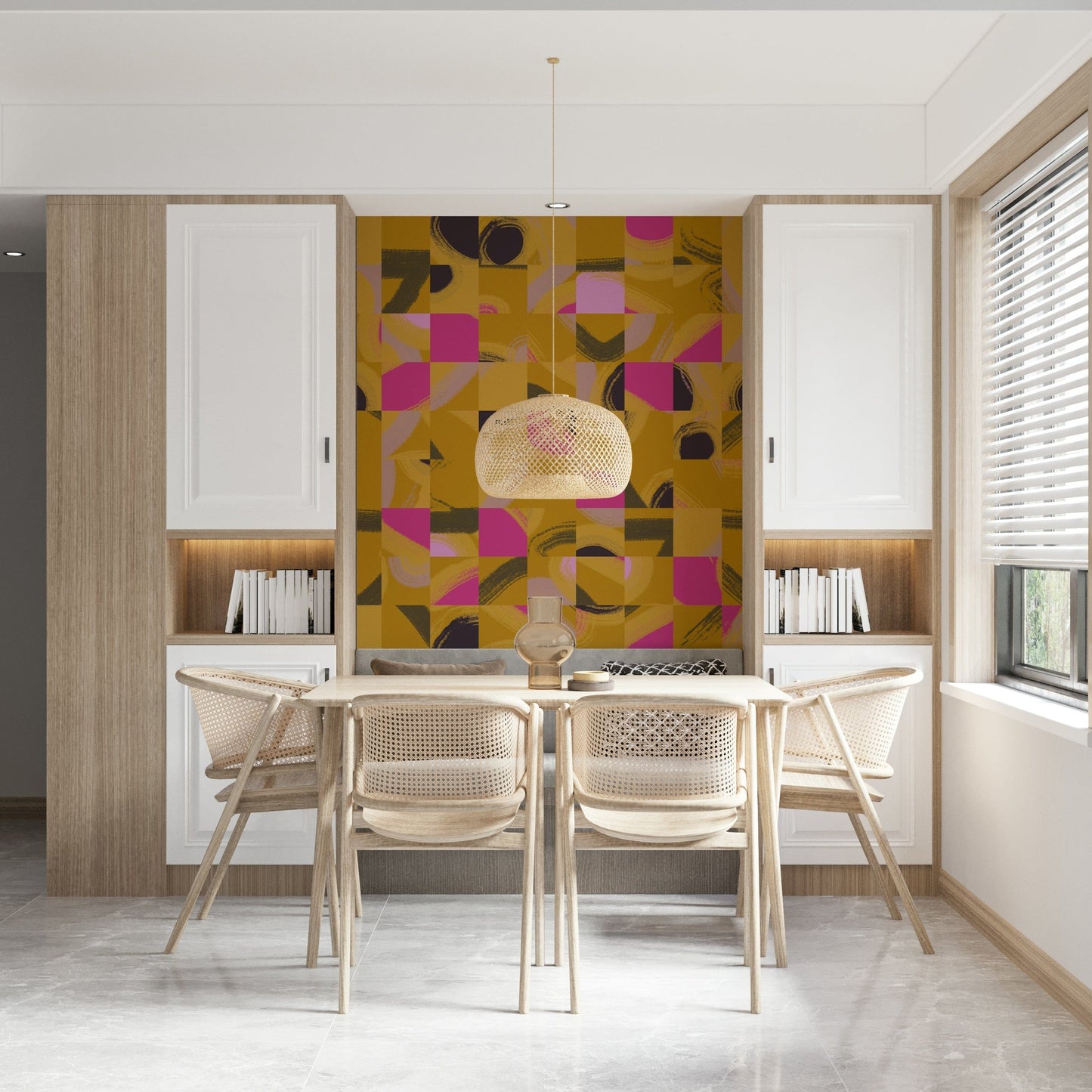 Mosaic Brushstrokes Abstract mural, bold brushwork, modern color blocks.