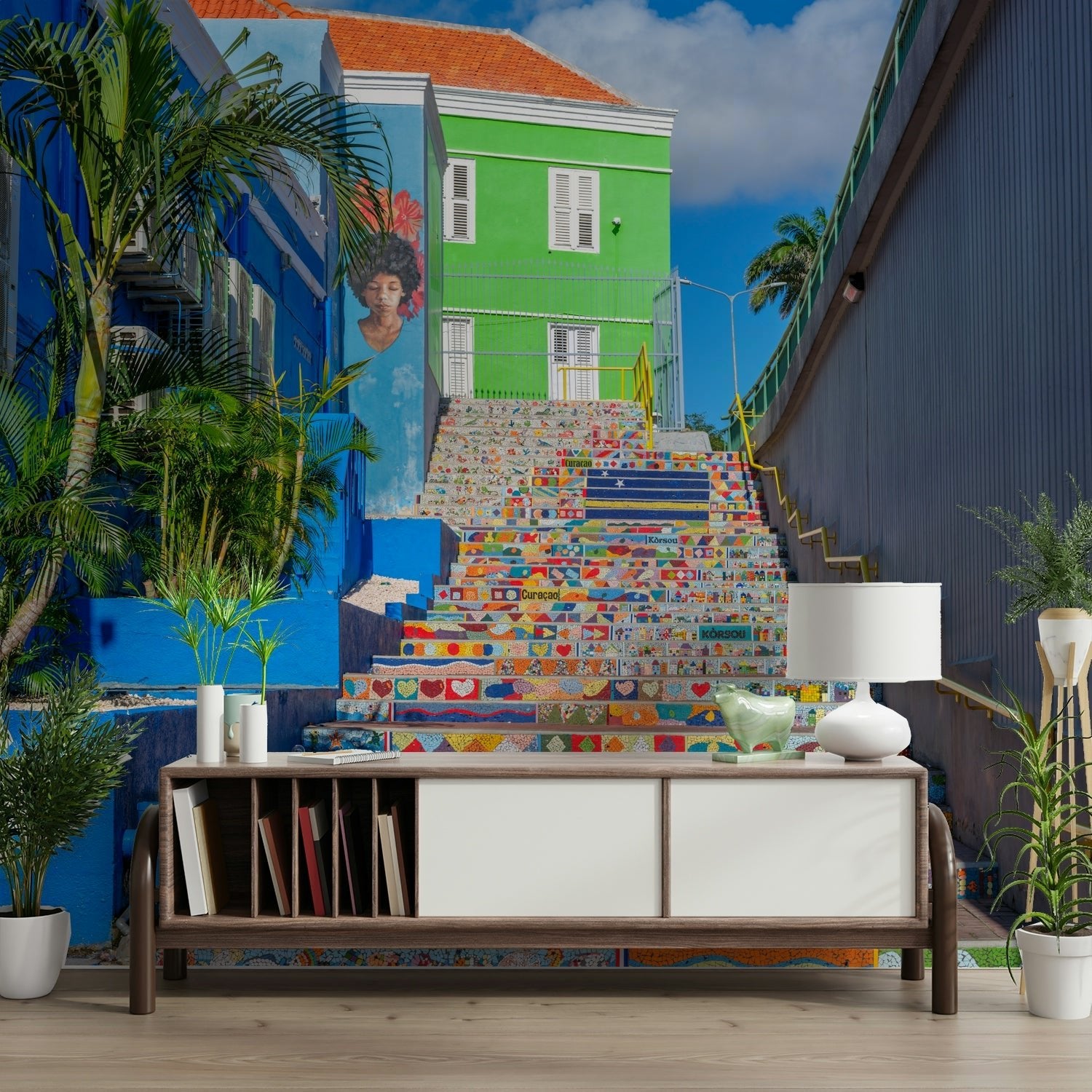 Mosaic steps in a sunny, tropical city.

