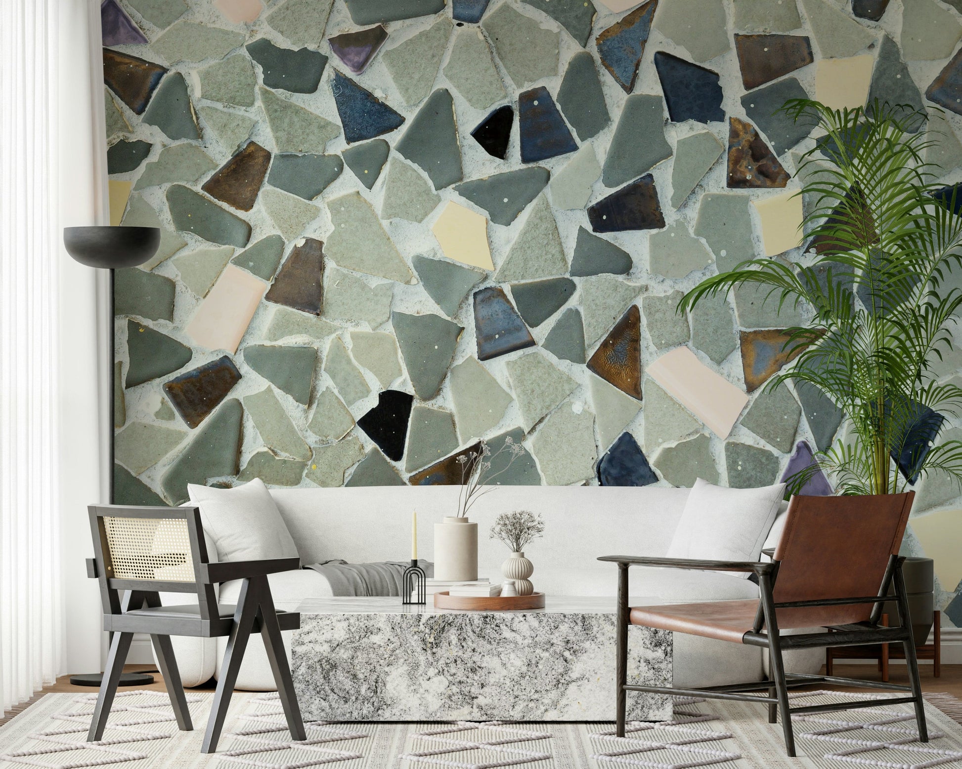 Grey and pastel natural tile look mural surface covering