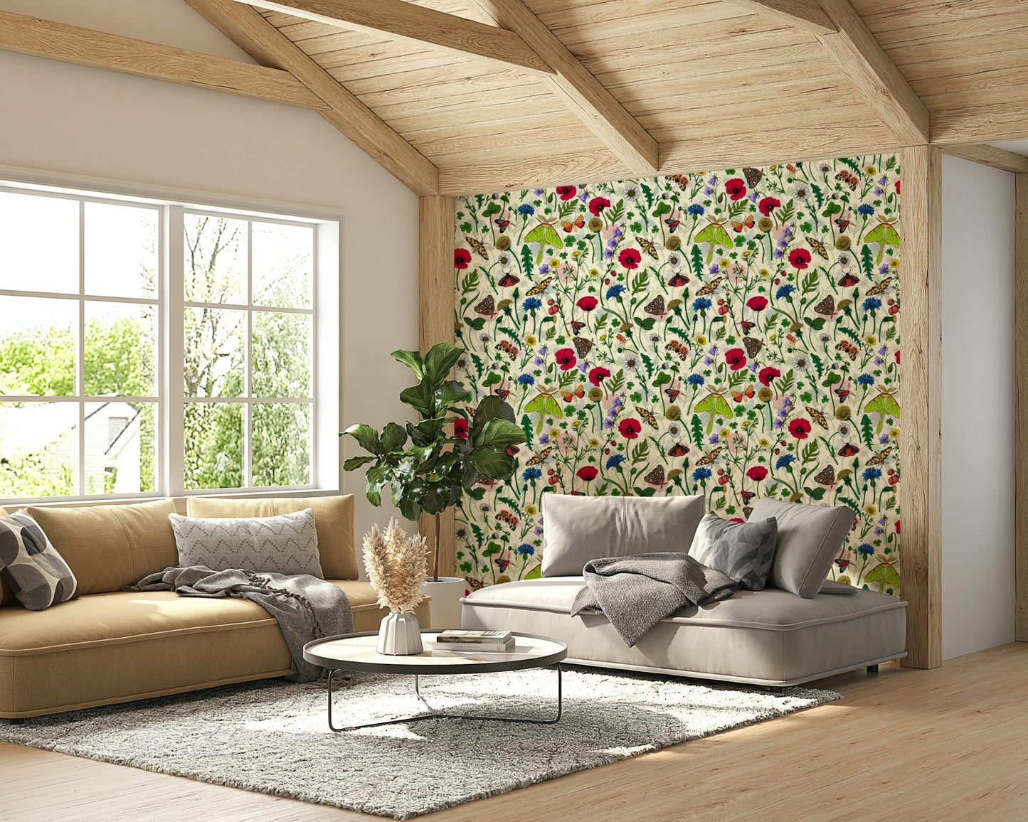 Nature-inspired wallpaper featuring delicate moths and flowers


