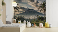 A wall mural of a peaceful mountain landscape.

