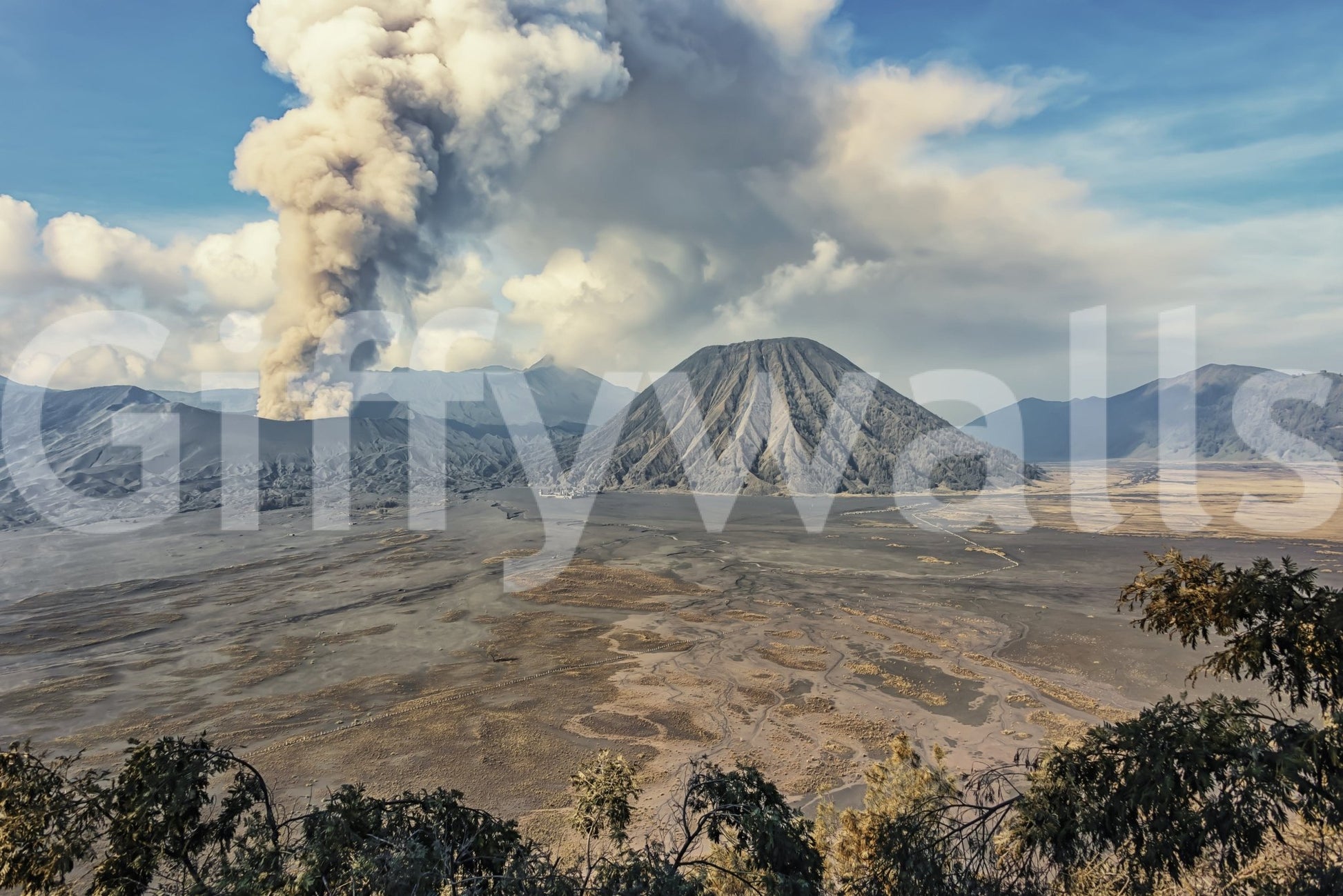 Powerful nature photography Mount Bromo Eruption wall mural design.