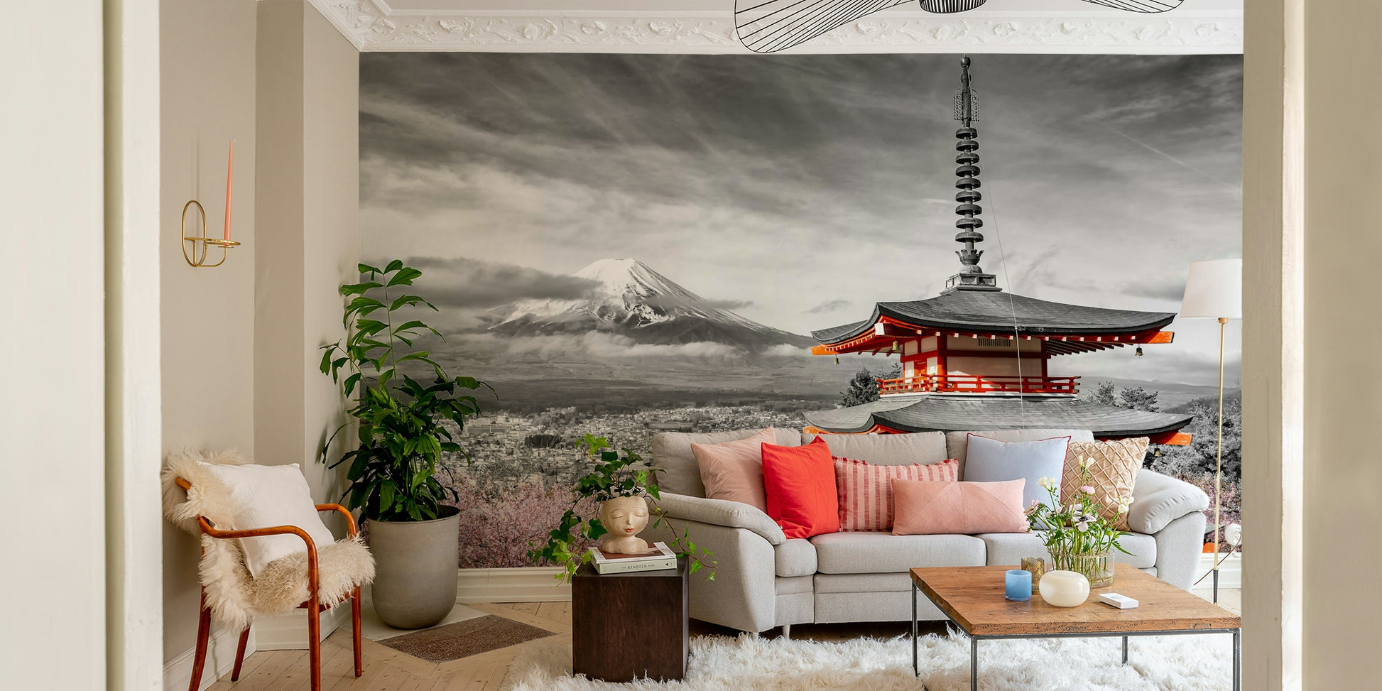 Colorkey wallpaper of Mount Fuji and cherry trees in bloom

