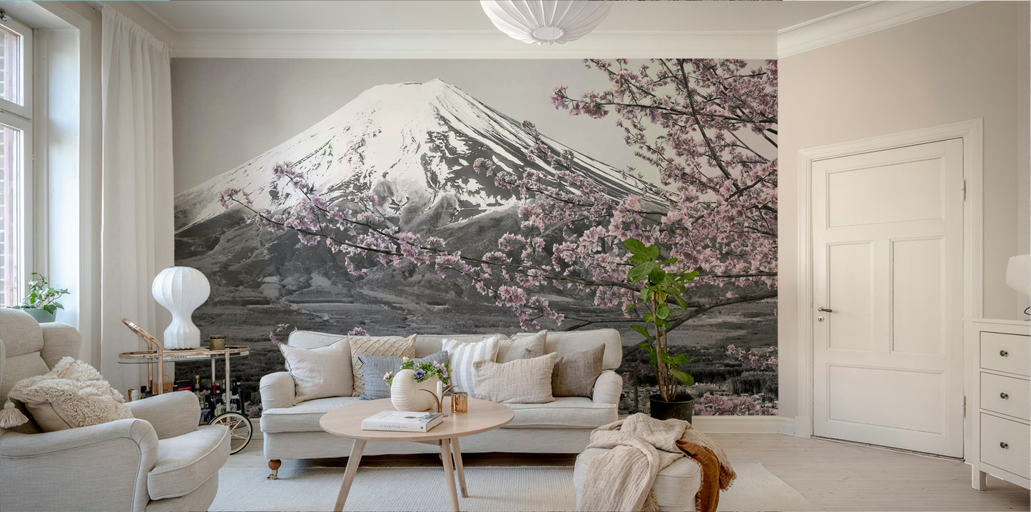 Colorkey mural wallpaper of Mount Fuji and sakura trees

