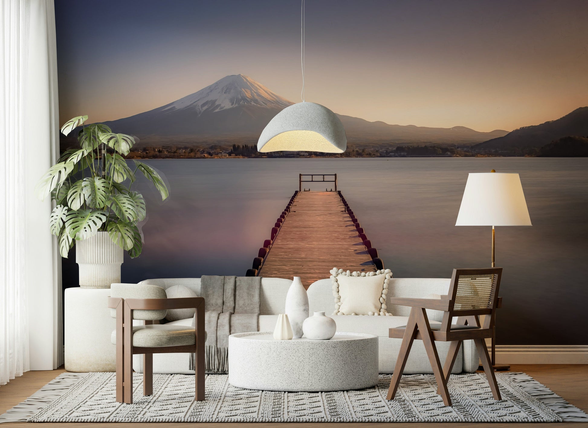 Serene moment Mount Fuji Serenity wall decoration, wooden walkway.
