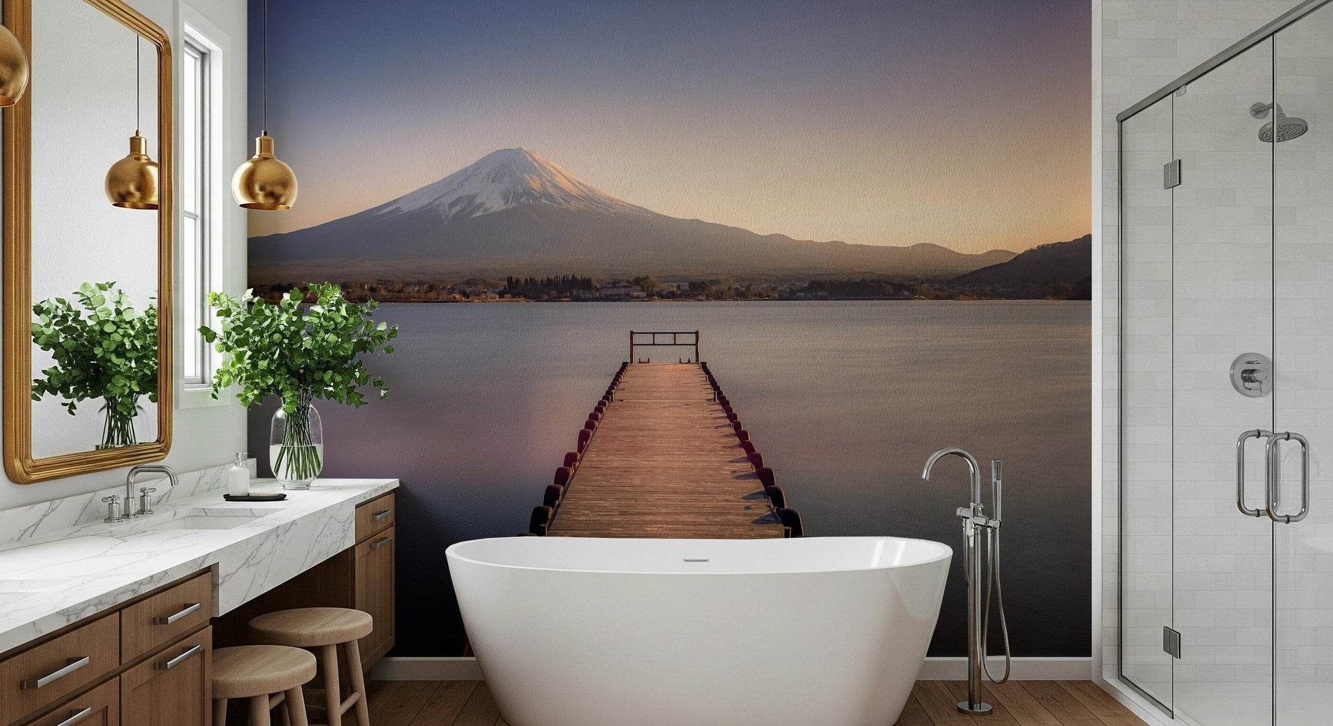 Alpenglow sky Mount Fuji Serenity wall mural, picturesque dawn.